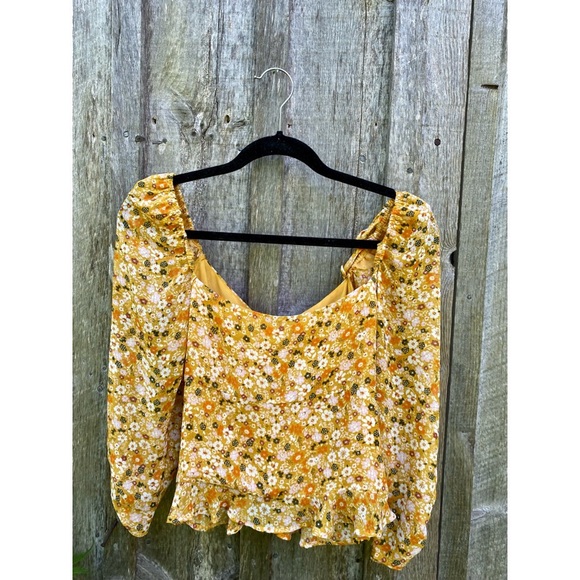 ASTR the label ruched sleeve sweetheart top mustard orange floral blouse small - Picture 7 of 11